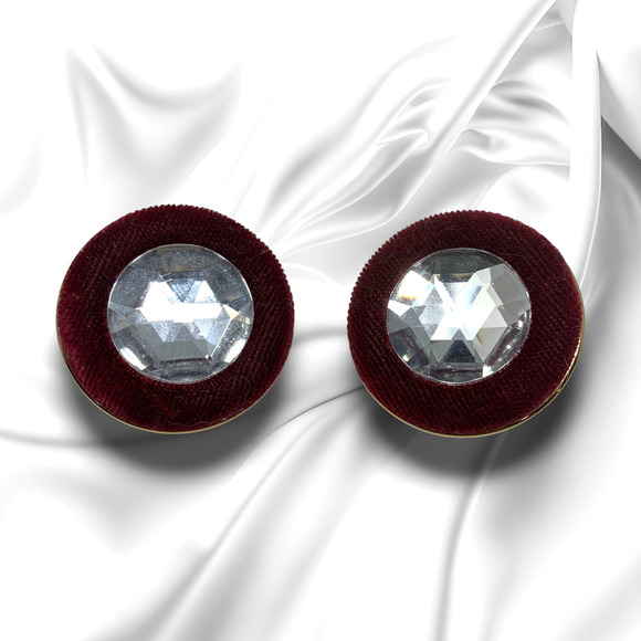 Vintage 1980's Oversized Wine Velvet & Crystal Button Earrings Clip On Mogul - Picture 2 of 5